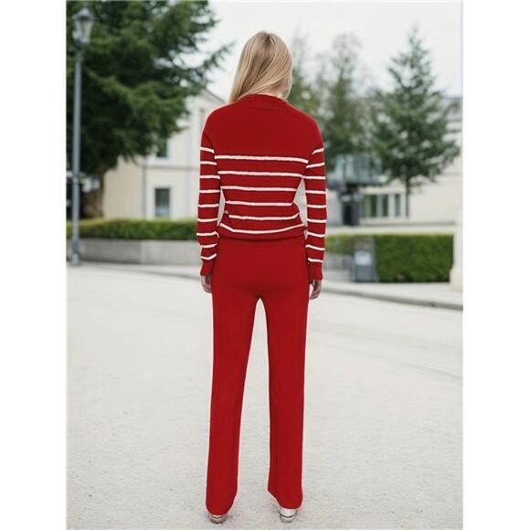 NEW - Burgundy Women'S Knit Sweater Set - Pullover Striped Top With Long Pants - Picture 2 of 8
